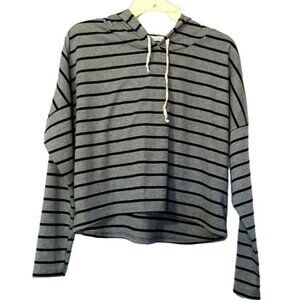 Charlotte Russe Ribbed Cropped Hoodie Sz Medum Stripes Grey Black Cut Off Drawst